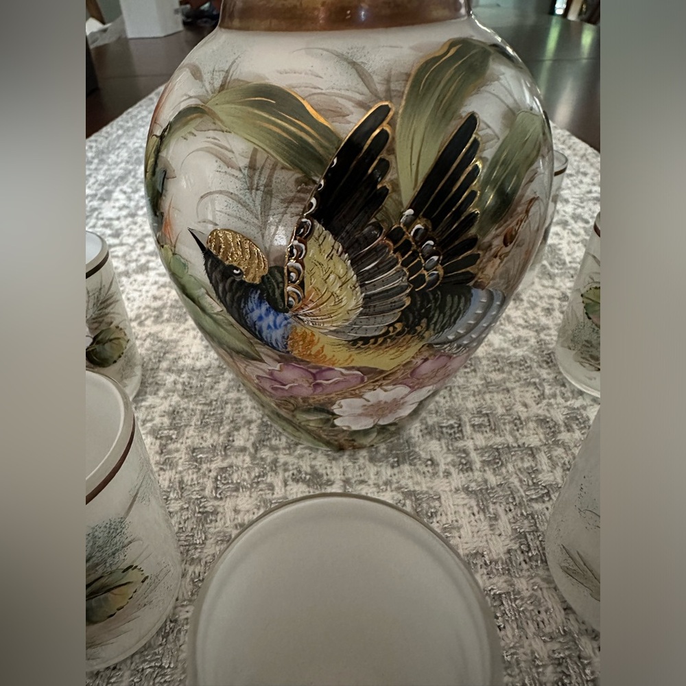 Stunning Vintage Hand Painted Czechoslovakia Bohemia Decanter With 6 Cups, EUC - Picture 4 of 13